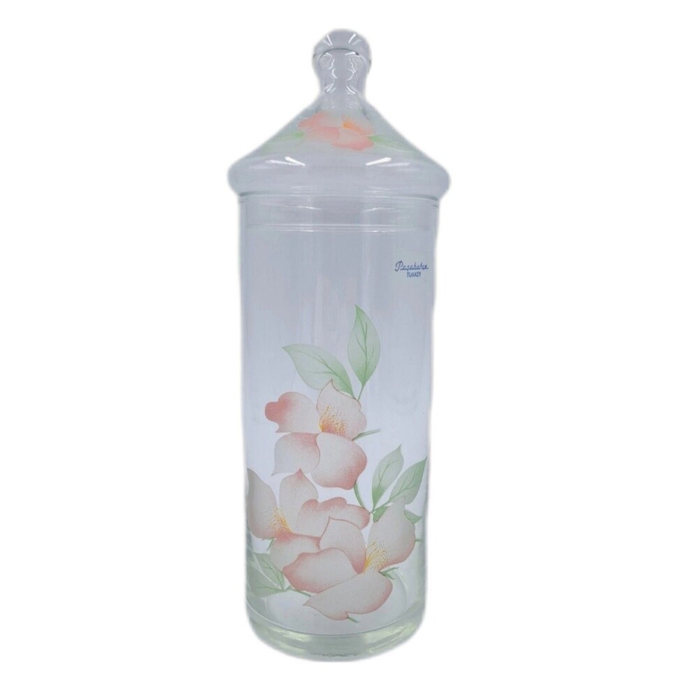 Pasabahce Turkey Apothecary Glass Jar Lidded Pink And Green Florals